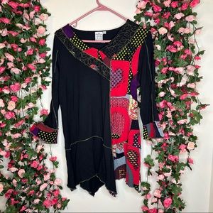 🌹Parsley & Sage Womens Black Red Patchwork Lagenlook Blouse Boho Quirky L